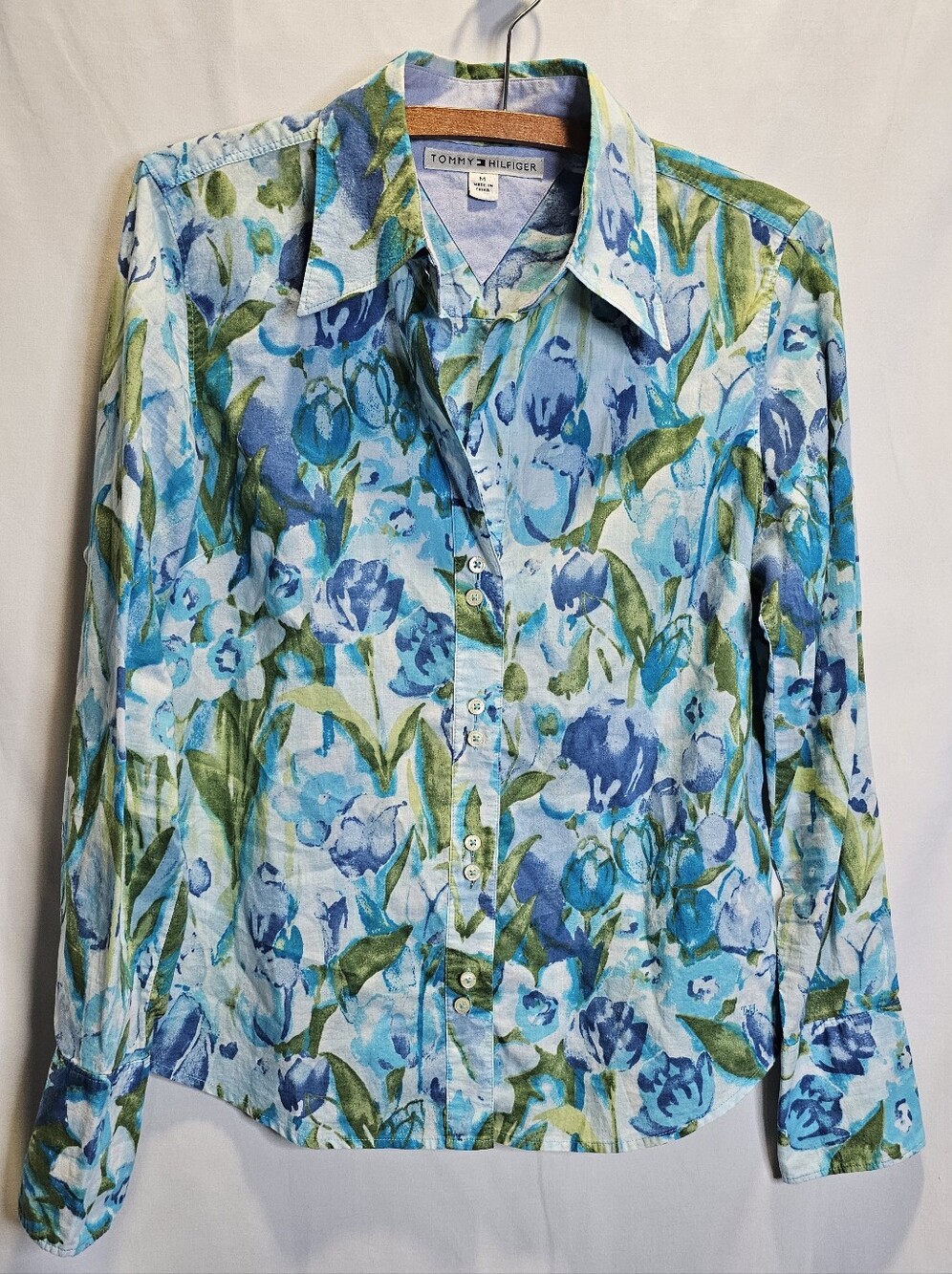 Tommy Hilfiger 100% Cotton Blue Floral Button Front Top
